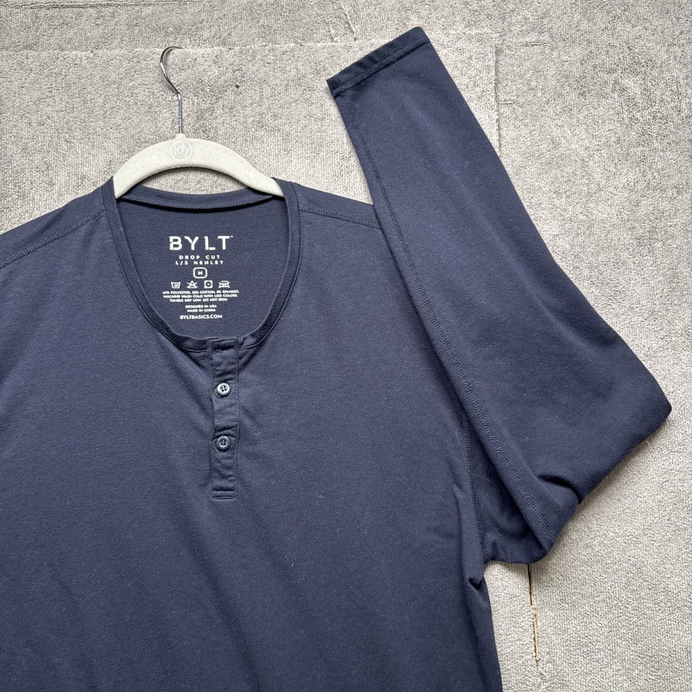 Bylt Henley Shirt Men's Large Navy Blue Stretch Athletic Fit 3 Button Casual